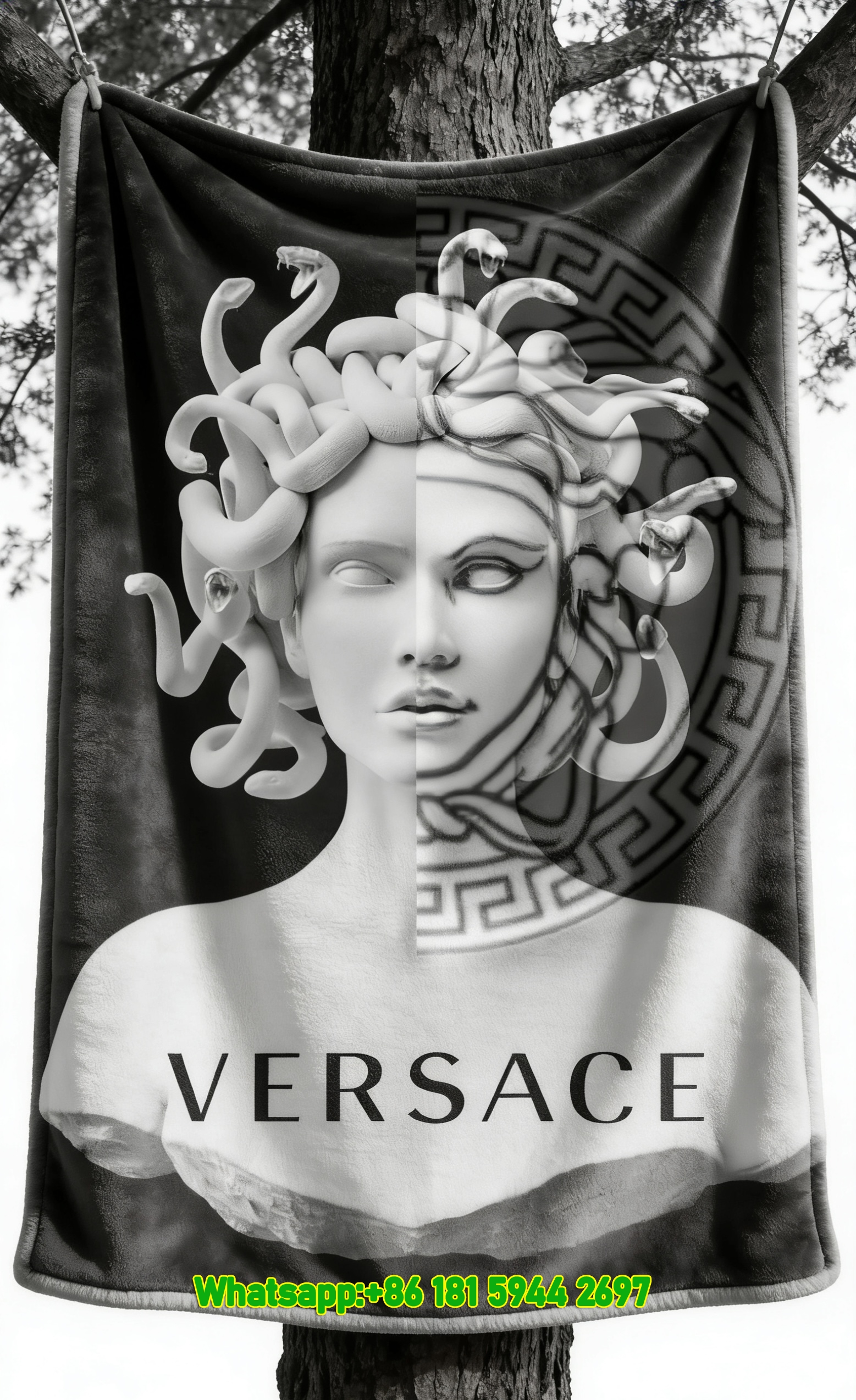 Versace Medusa Sculpture Greek Key Print Black and White Flannel Sofa Throw Blanket IMG_1574
